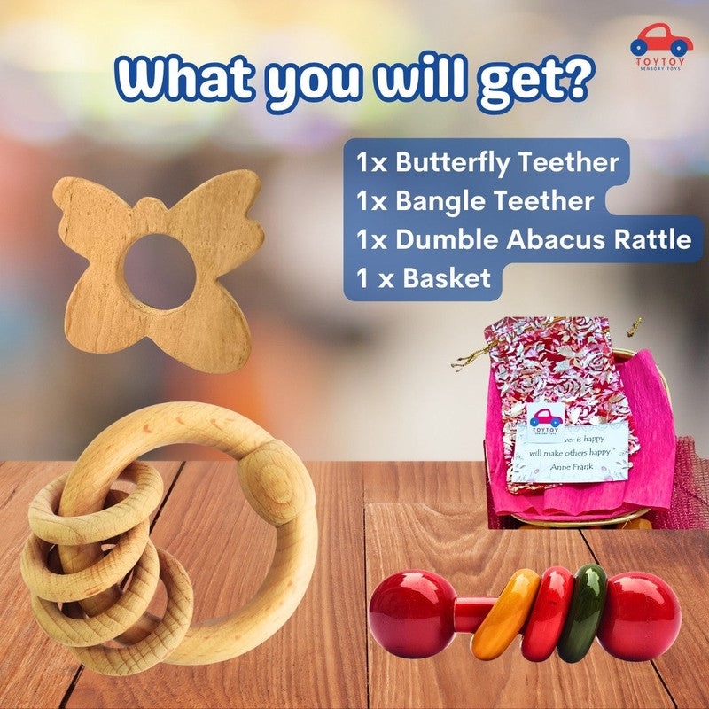 Wooden Gift Hamper - Bangle Teether, Butterfly Teether, Dumble Abacus Rattle (3-12 Months)