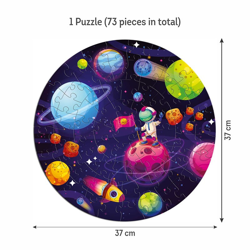 Space Adventure Puzzle For Kids | 3+Years | 73 Pieces, 8  Flash Cards, 1 Additional Booklet.