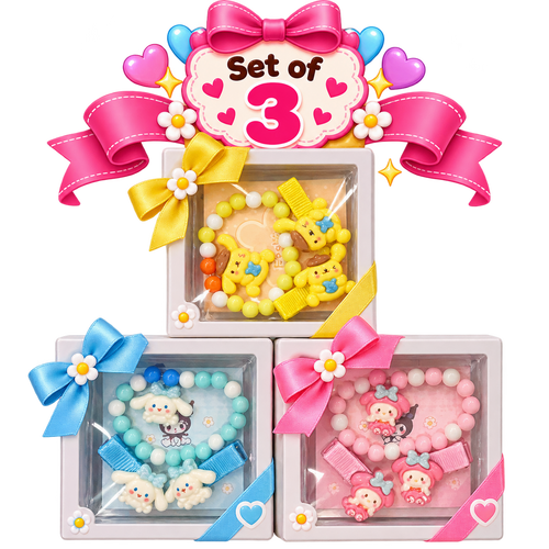 Set of 3 Bracelet Gift Boxes with 2 Hair Clips Each | Assorted Colours & Designs | Kanya Pujan Gift for Girls