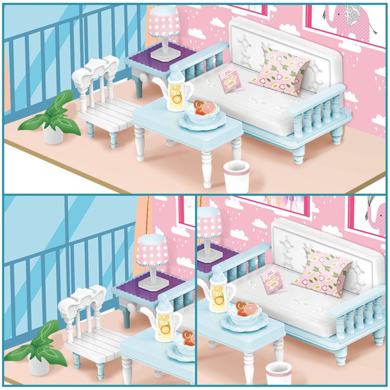 DIY Living Room Wooden Doll House with Plastic Furniture, Dollhouse