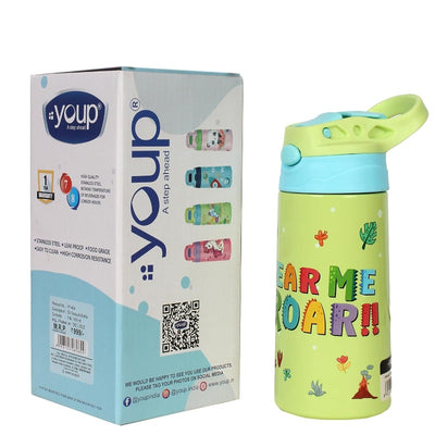 Youp Stainless steel insulated green color Dinasour theme kids anti-dust sipper bottle TINKLER - 400 ml