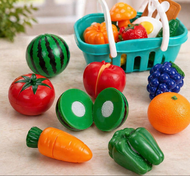 FunBlast Fruits & Vegetables Play Set | Sliceable Cutting Pretend Play Kitchen Toys with Basket & Knife | 26 Pieces