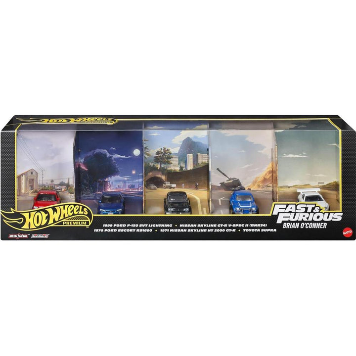 Premium Hot Wheels Set of 5 Fast & Furious Brian O' Conner - 1999 Ford F-150 SVT Lightning, Nissan Skyline GT-R V-Spec II (BNR34), 1970 Ford Escort RS1600, 1971 Nissan Skyline HT 2000 GT-R, Toyota Supra