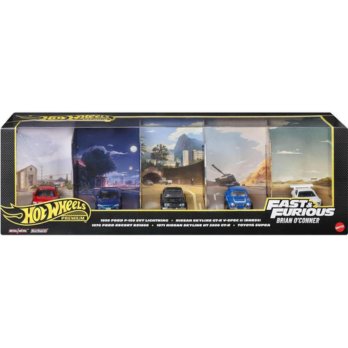 Premium Hot Wheels Set of 5 Fast & Furious Brian O' Conner - 1999 Ford F-150 SVT Lightning, Nissan Skyline GT-R V-Spec II (BNR34), 1970 Ford Escort RS1600, 1971 Nissan Skyline HT 2000 GT-R, Toyota Supra