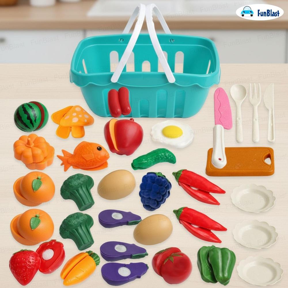 FunBlast Fruits & Vegetables Play Set | Sliceable Cutting Pretend Play Kitchen Toys with Basket & Knife | 26 Pieces