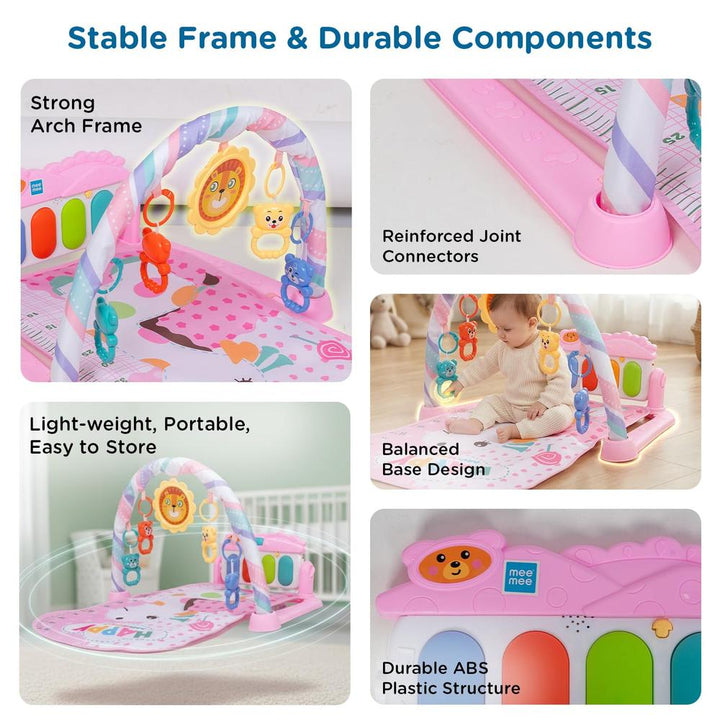 Mee Mee Melody Mat Interactive Playmat & Activity Gym | 3-in-1 Kick & Play Musical Piano Mat with Lights with Hanging Rattle Toys & Teethers - Pink