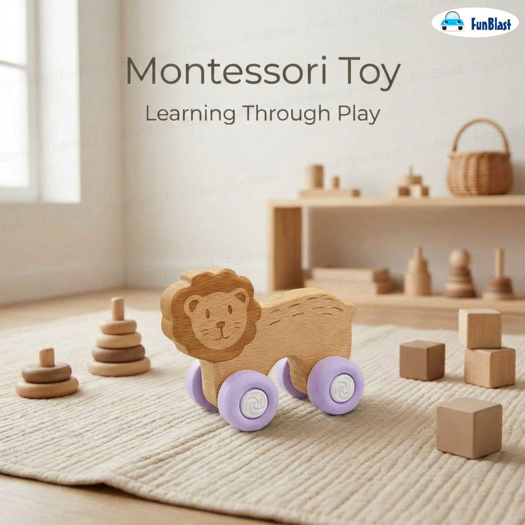 FunBlast Lion Wooden Baby Teether with Silicone Wheels | Montessori Teething Push Toy for Babies and Toddlers (Purple)