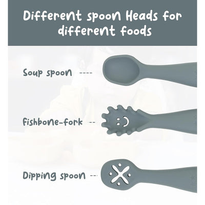 3Pcs Silicon Baby Fork and Spoon Set | Baby Weaning Spoon Set | Self Feeding (Grey)