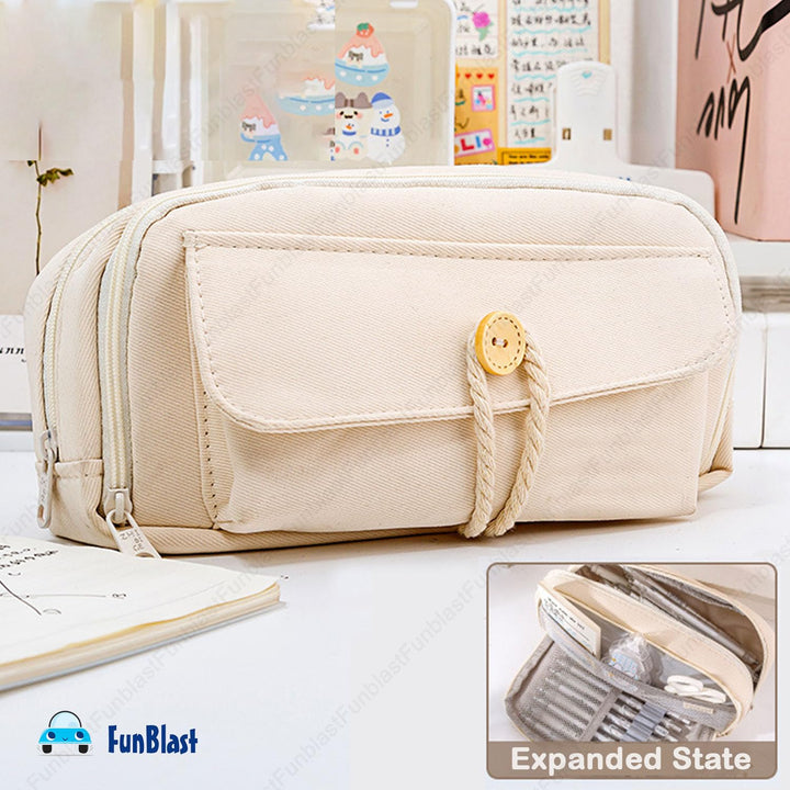 FunBlast Beige Pencil Pouch | Large Capacity Stationery Organizer & Multipurpose Zipper Case for Kids