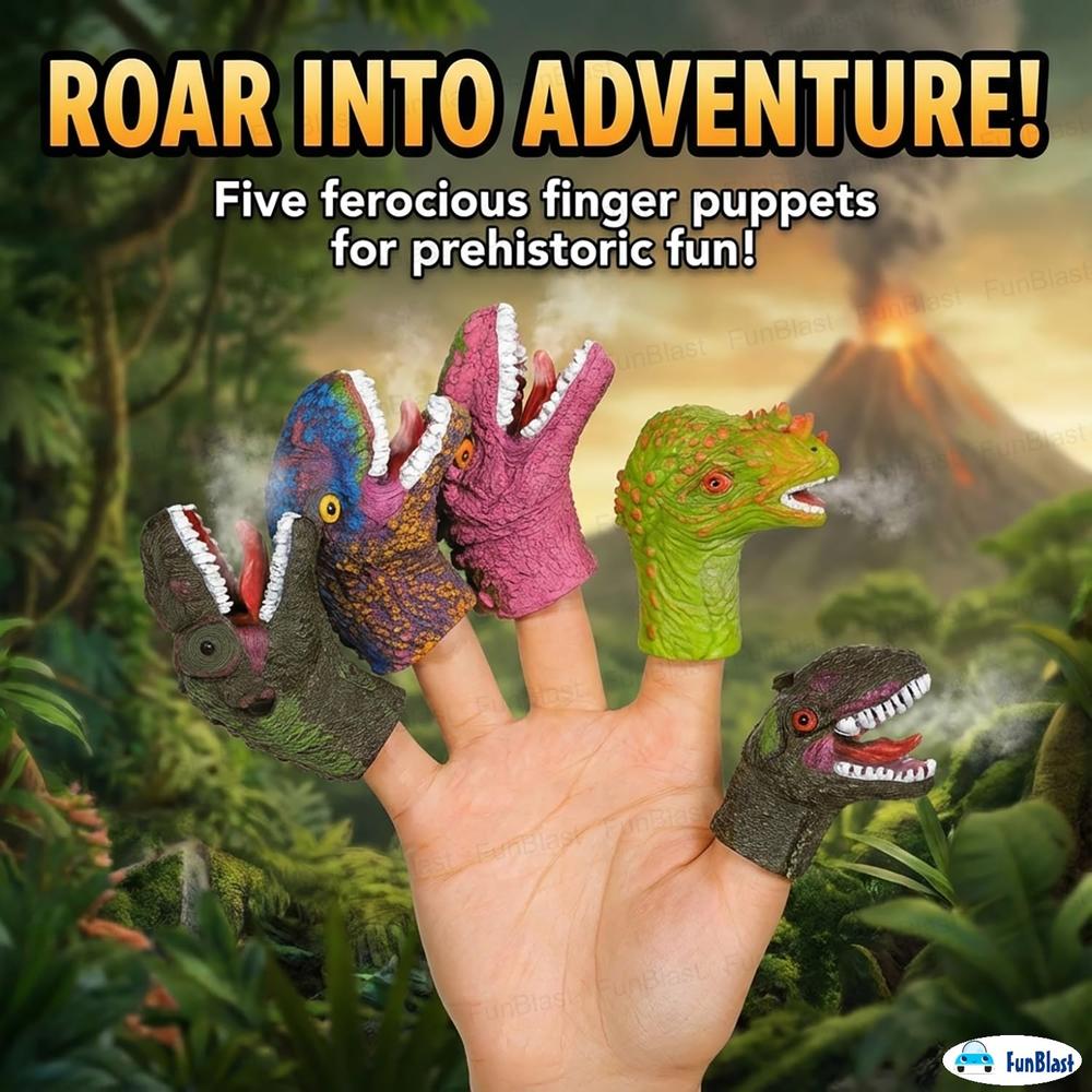 FunBlast Dinosaur Pack of 5 Finger Puppets for Kids | Soft Rubber Dino Toys for Pretend Play