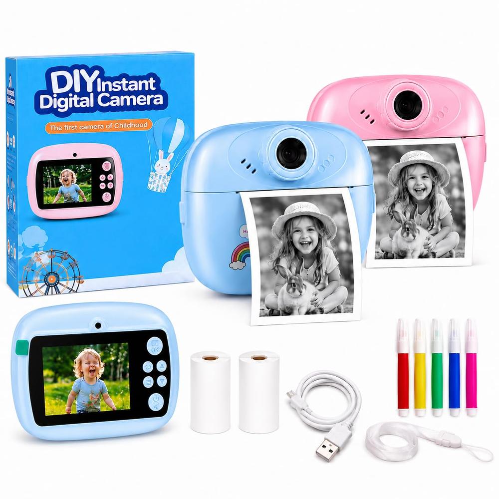 Kids Instant Print Digital Camera | DIY HD Camera with Black & White Printing, 2.4" IPS Screen & Rechargeable Battery