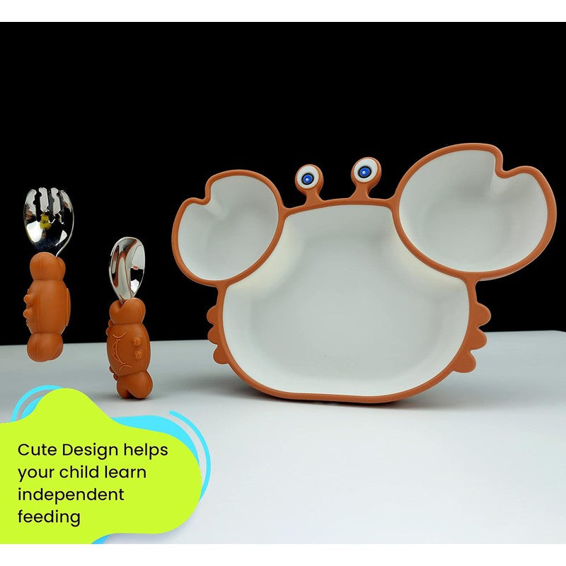 Cute Crab Silicon Weaning Set | Suction Plate for Baby | Easy Grip Handle Spoon & Fork | Adjustable Printed Bib | Brown (Combo)