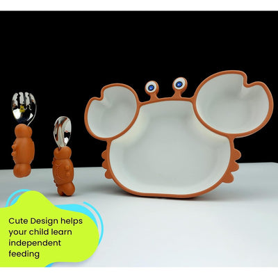 Cute Crab Baby Suction Silicon Plate with Easy Grip Handle Spoon, Fork and Cute Adjustable Bib (Brown, Beige)