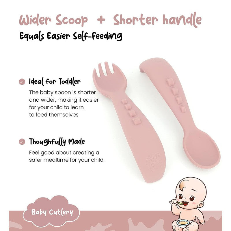 Baby Silicon Soft Spoons and Forks Set | Utensils Spoons Forks Training Feeding for Kids| Rose Pink