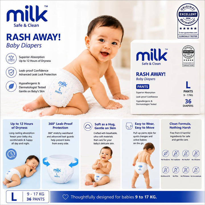 Milk (Size L) Flexi Tape Baby Diapers | 36 Count | 9-17 kg | Rash Protection, Leak-Proof, Soft & Comfortable Diapers