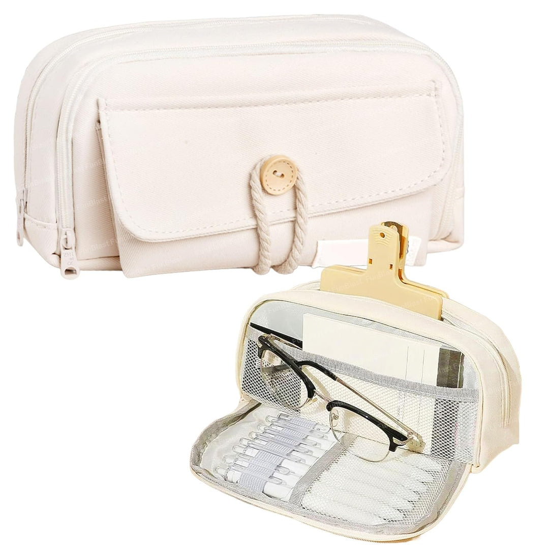 FunBlast Beige Pencil Pouch | Large Capacity Stationery Organizer & Multipurpose Zipper Case for Kids