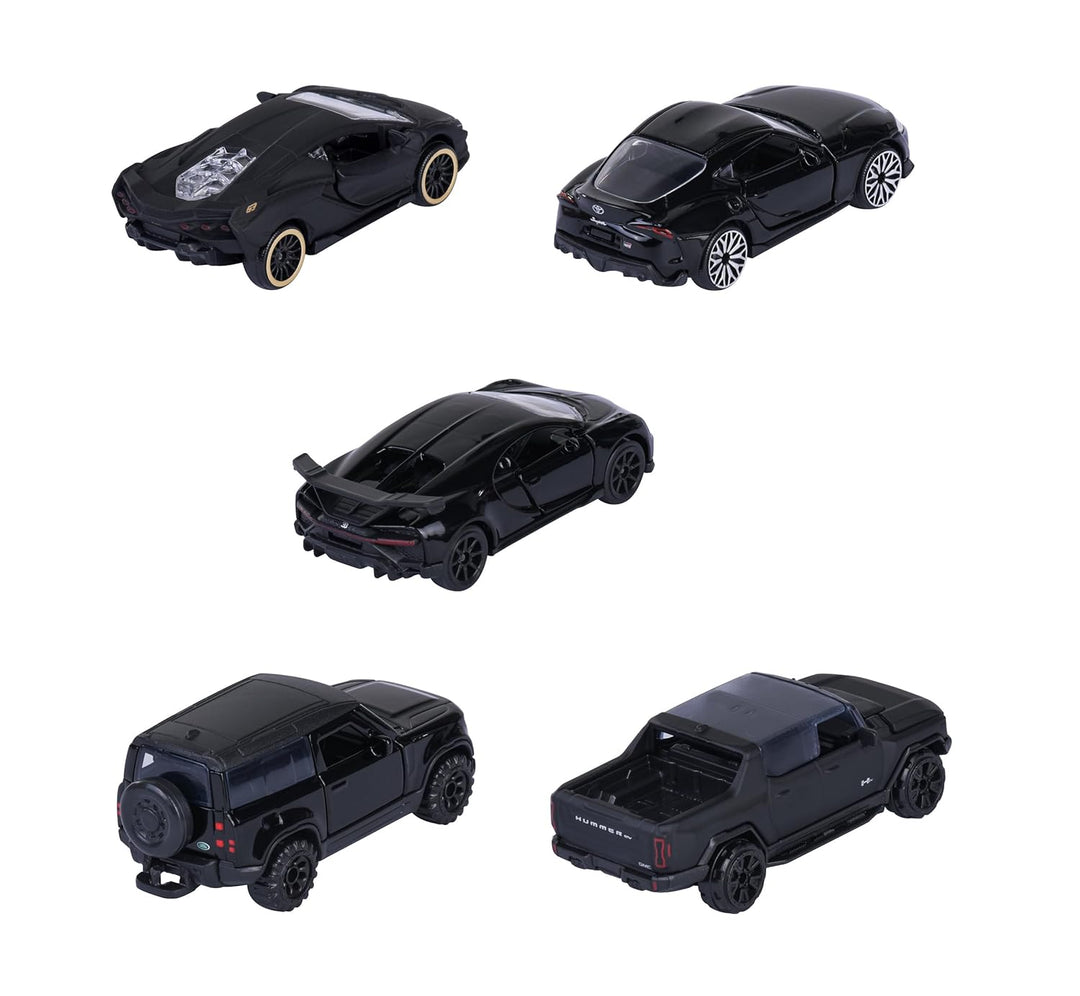 Set of 5 Licensed Majorette Diecast Cars (Black Edition) -  Bugatti Chiron Pur Sport, Lamborghini Sián FKP 37, Toyota GR Supra, Land Rover Defender 90, GMC Hummer EV