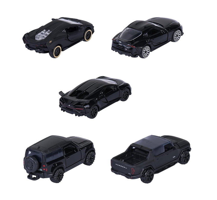 Set of 5 Licensed Majorette Diecast Cars (Black Edition) -  Bugatti Chiron Pur Sport, Lamborghini Sián FKP 37, Toyota GR Supra, Land Rover Defender 90, GMC Hummer EV