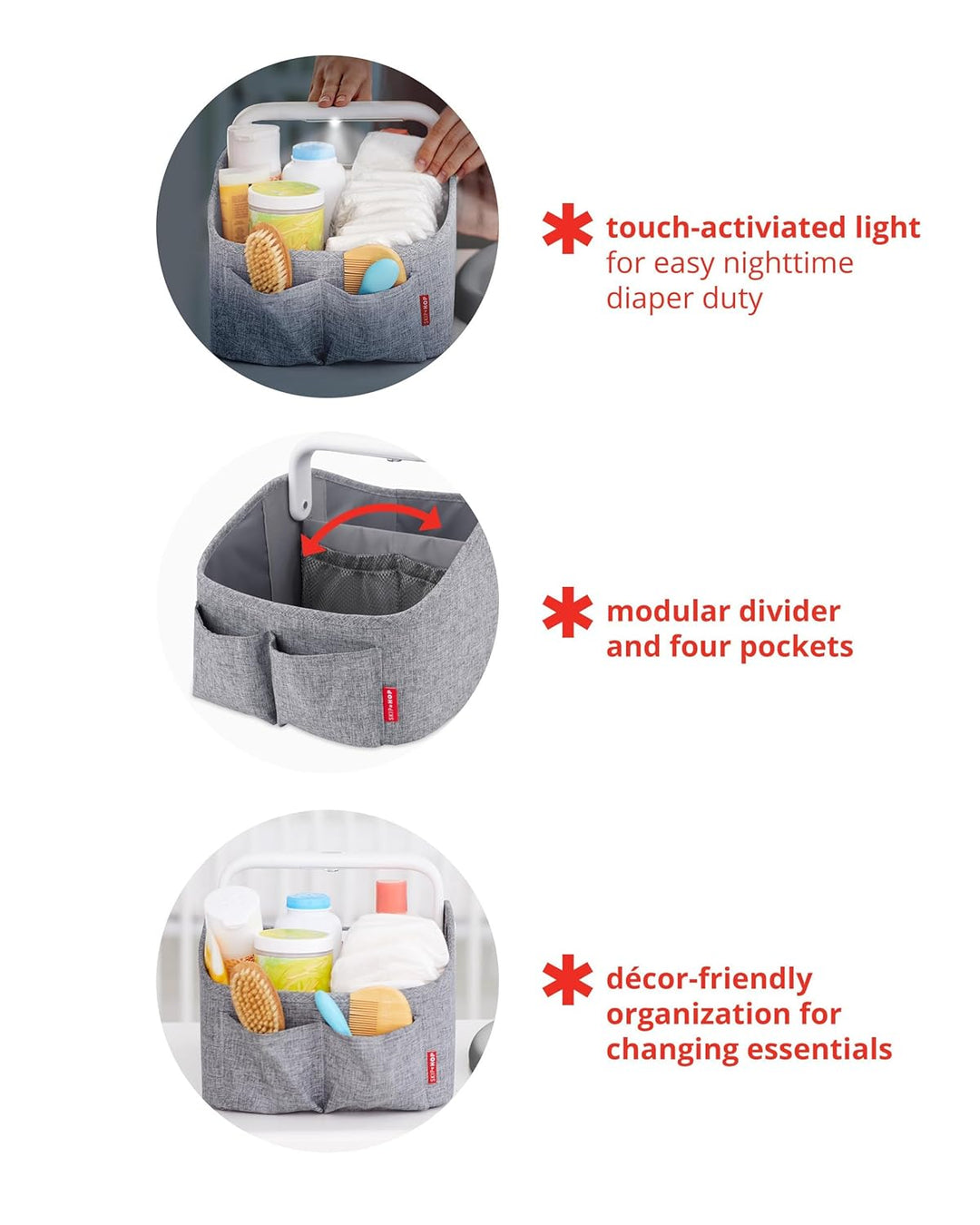 Skip Hop Light Up Diaper Caddy Organizer - Touch Handle Button for Light | Grey