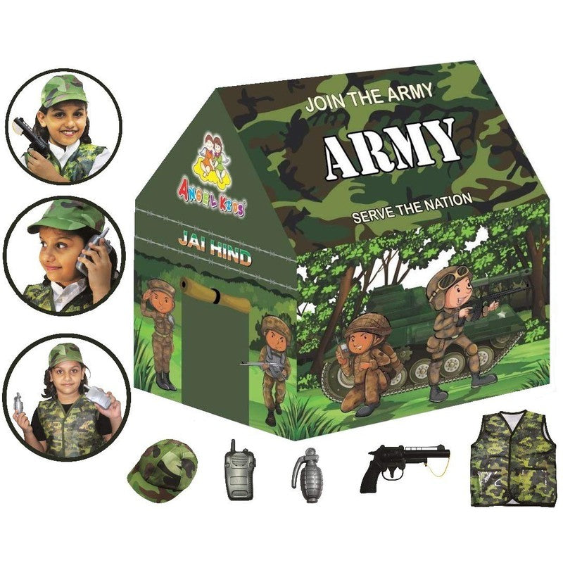 Army Play Tent House For Kids | Indoor Outdoor Use- With Gun, Grenade, Walkie Talkie Toys, Army Dress & Led Lights Inside, Green, Tent House Theme