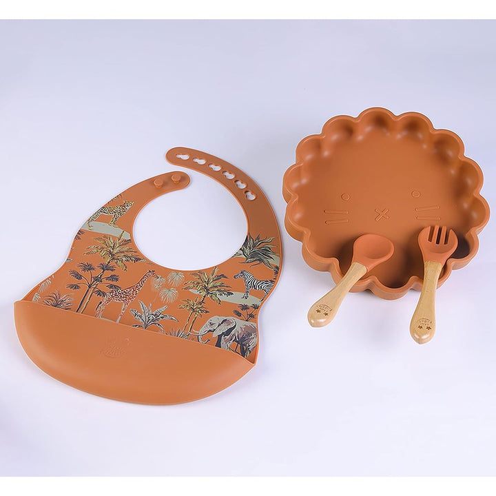 Simba Silicone Grip Dish Set - Suction Plate, Fork, Spoon & Bib | Brown (6 Months - 3 Years)