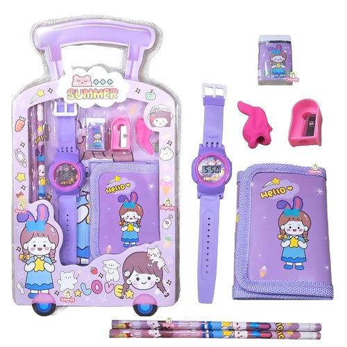 Stationery Gift Set for Kids | Digital Watch, Wallet Pouch, 2 Pencils, Eraser, Sharpener & Pencil Topper | Birthday Return Gift- 7 Pieces