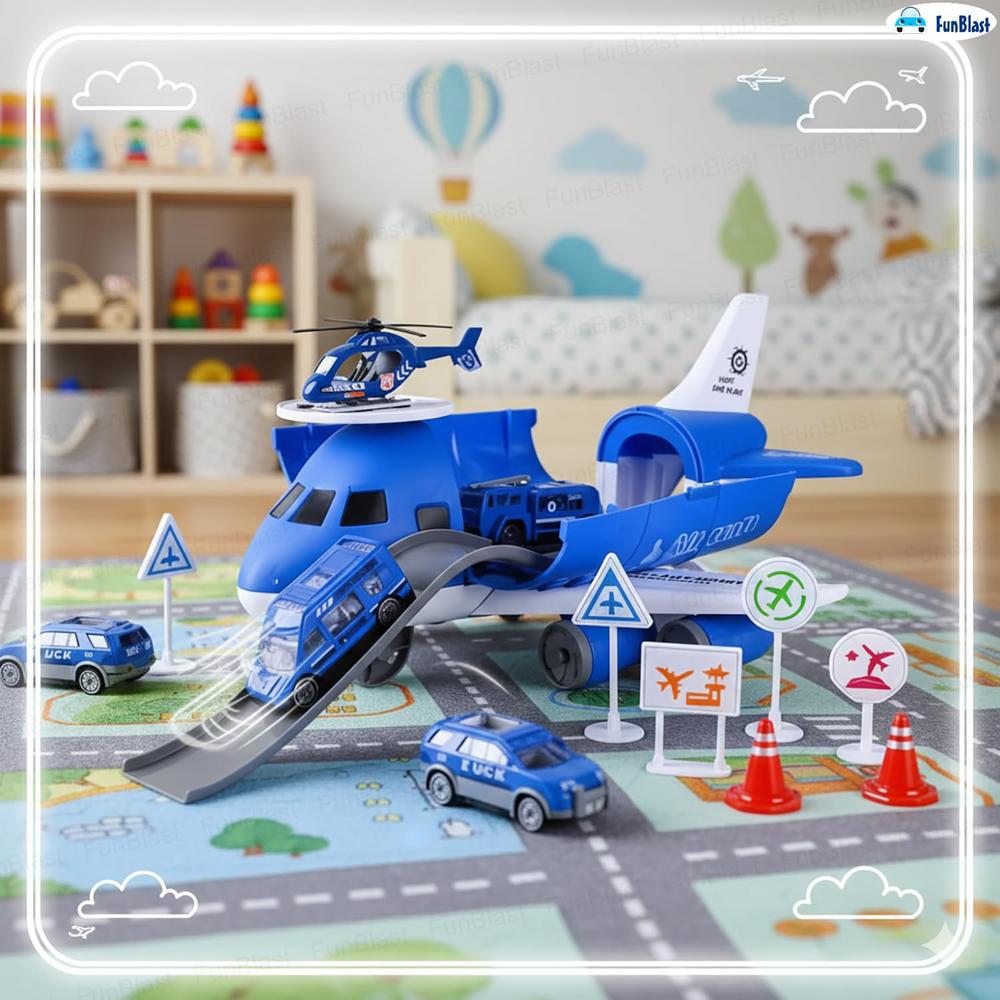 FunBlast Fire Rescue Airplane Toy Play Set | Aircraft with Fire Vehicles, Helicopter & Road Accessories | Firefighter Playset for Kids (Red)