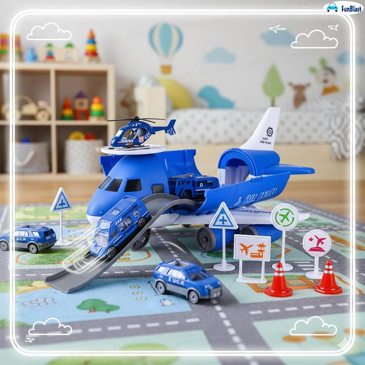 FunBlast Fire Rescue Airplane Toy Play Set | Aircraft with Fire Vehicles, Helicopter & Road Accessories | Firefighter Playset for Kids (Red)