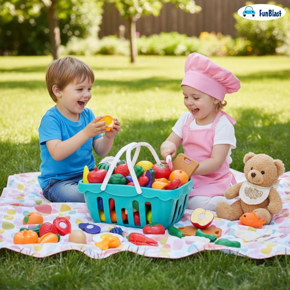 FunBlast Fruits & Vegetables Play Set | Sliceable Cutting Pretend Play Kitchen Toys with Basket & Knife | 26 Pieces