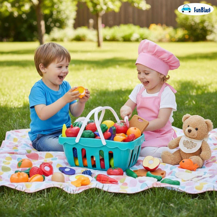 FunBlast Fruits & Vegetables Play Set | Sliceable Cutting Pretend Play Kitchen Toys with Basket & Knife | 26 Pieces