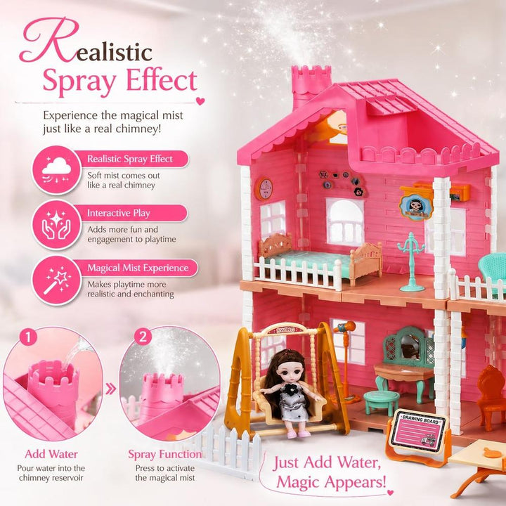 Manku Quiet Cottage Princess Dollhouse with Water Mist Spray Chimney & Light | DIY Pretend Play Set | 132-Pieces