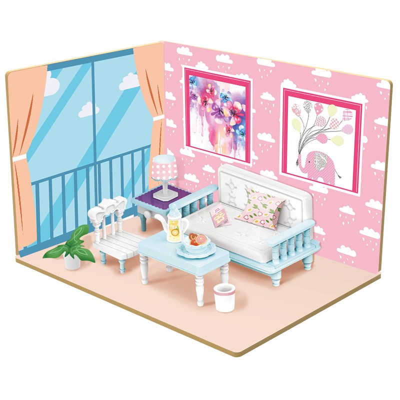 DIY Living Room Wooden Doll House with Plastic Furniture, Dollhouse