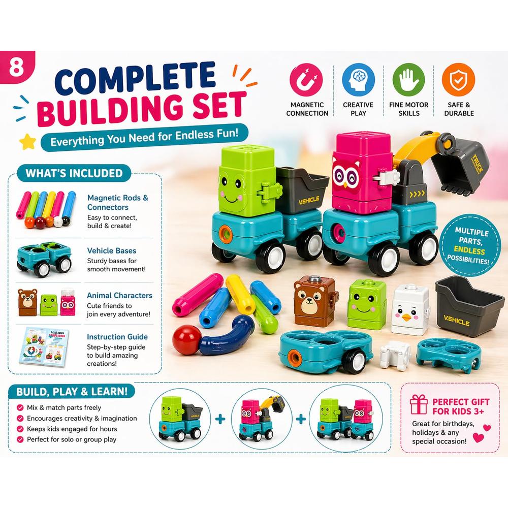 Magnetic Animal Car Building Set | DIY Assemble Toy Vehicles | Push & Press Interactive Construction Toy