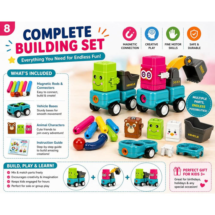 Magnetic Animal Car Building Set | DIY Assemble Toy Vehicles | Push & Press Interactive Construction Toy