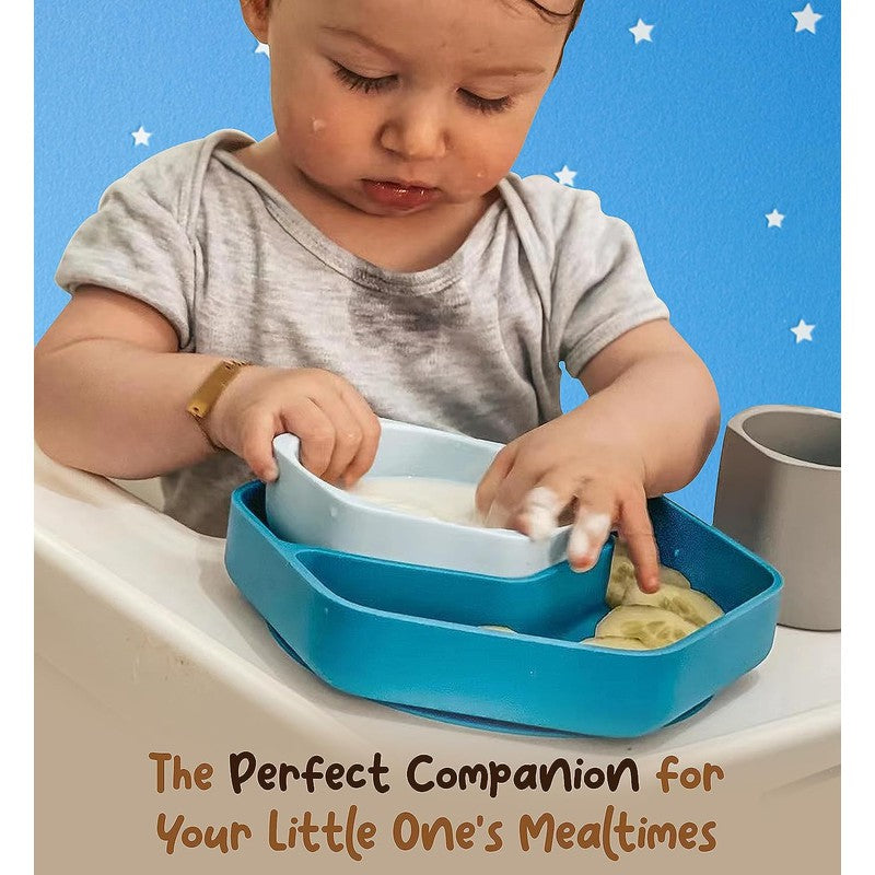 Complete Toddler Feeding Set: Essential Items for Your Little One's Mealtime Delights | Multi-Portion Suction Plate | Suction Bowl | Trainer Cup | Trainer Spoon & Fork (Cyan Fun)