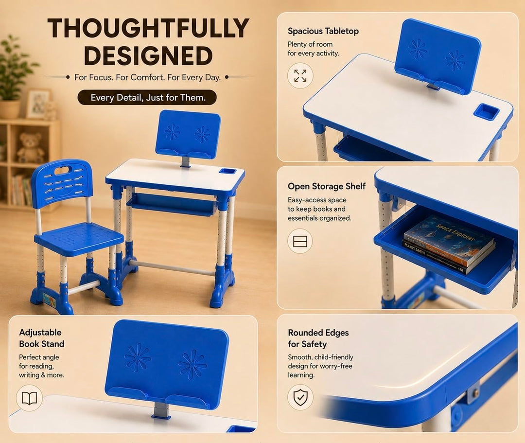 Kids Study Table & Chair Set | Adjustable Height Study Desk with Storage Shelf | Ergonomic Writing Table for Children
