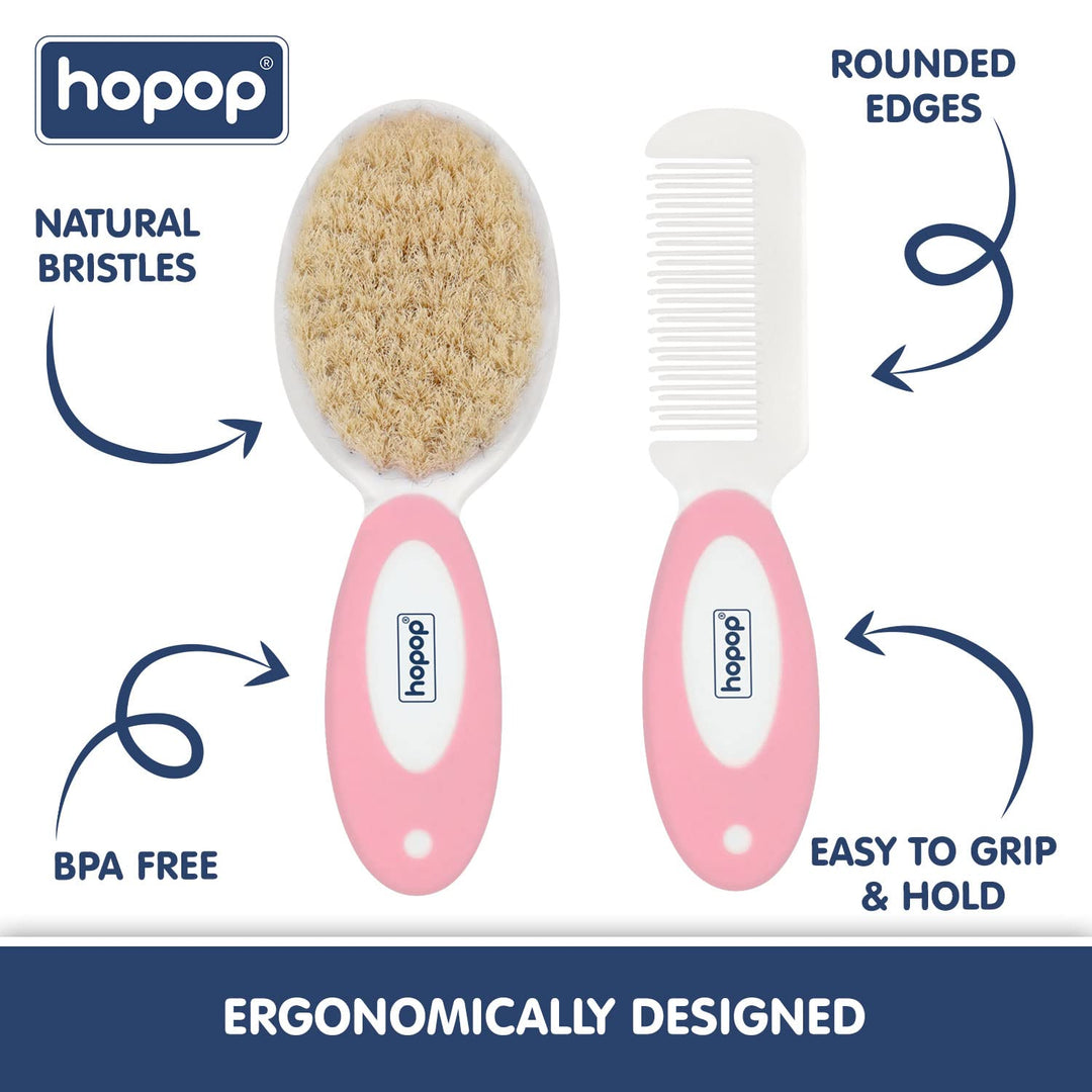 Hopop Baby Natural Bristle Hair Brush & Rounded Teeth Comb Set