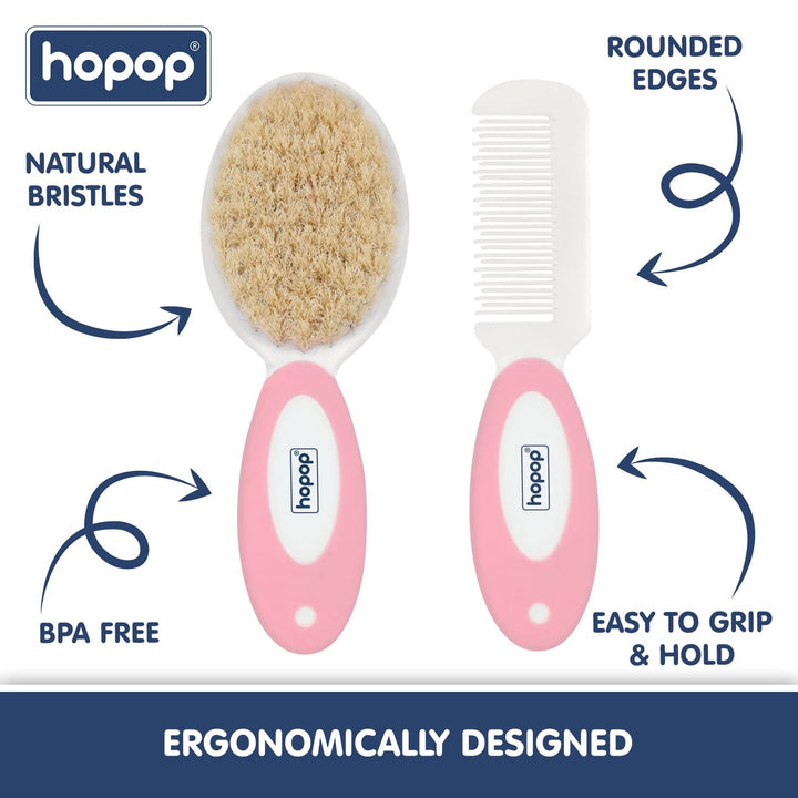 Hopop Baby Natural Bristle Hair Brush & Rounded Teeth Comb Set