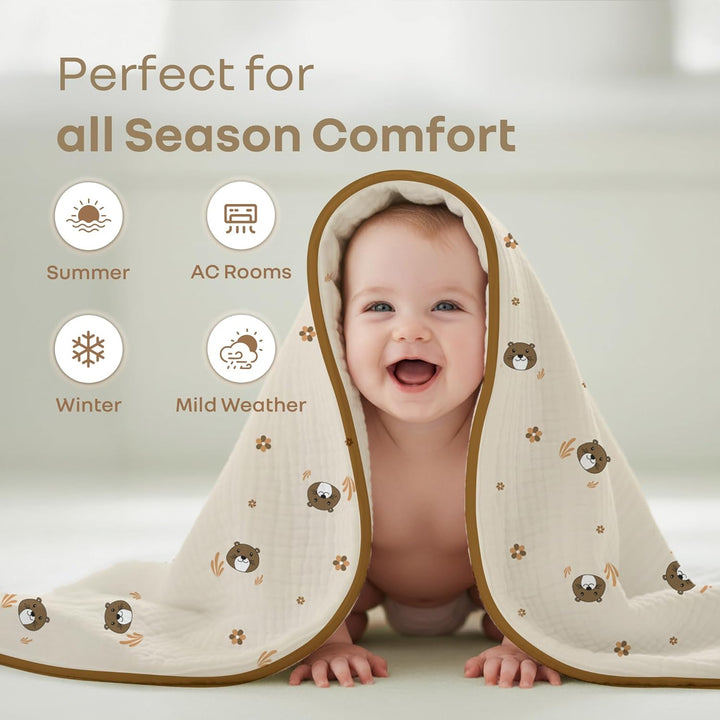 R for Rabbit Softkins Muslin Baby Quilt | Breathable Cotton, Lightweight & Multipurpose Baby Blanket - Teddy Beige