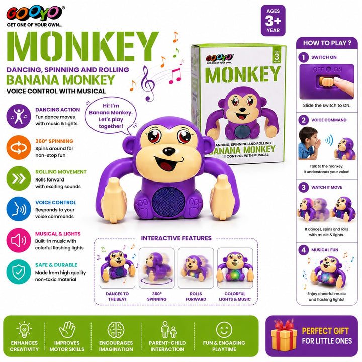 Gooyo Banana Monkey Toy for Kids | Dancing, Rolling & Spinning Monkey with Music | Interactive Toy - Blue