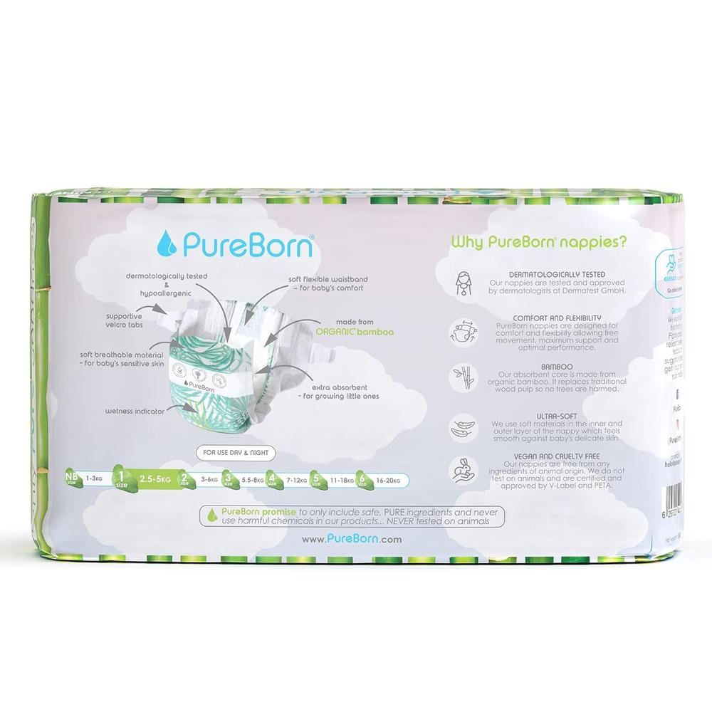 PureBorn Organic Bamboo (Size-1) Baby Disposable Diapers | 34 Pieces | Upto 5 kgs
