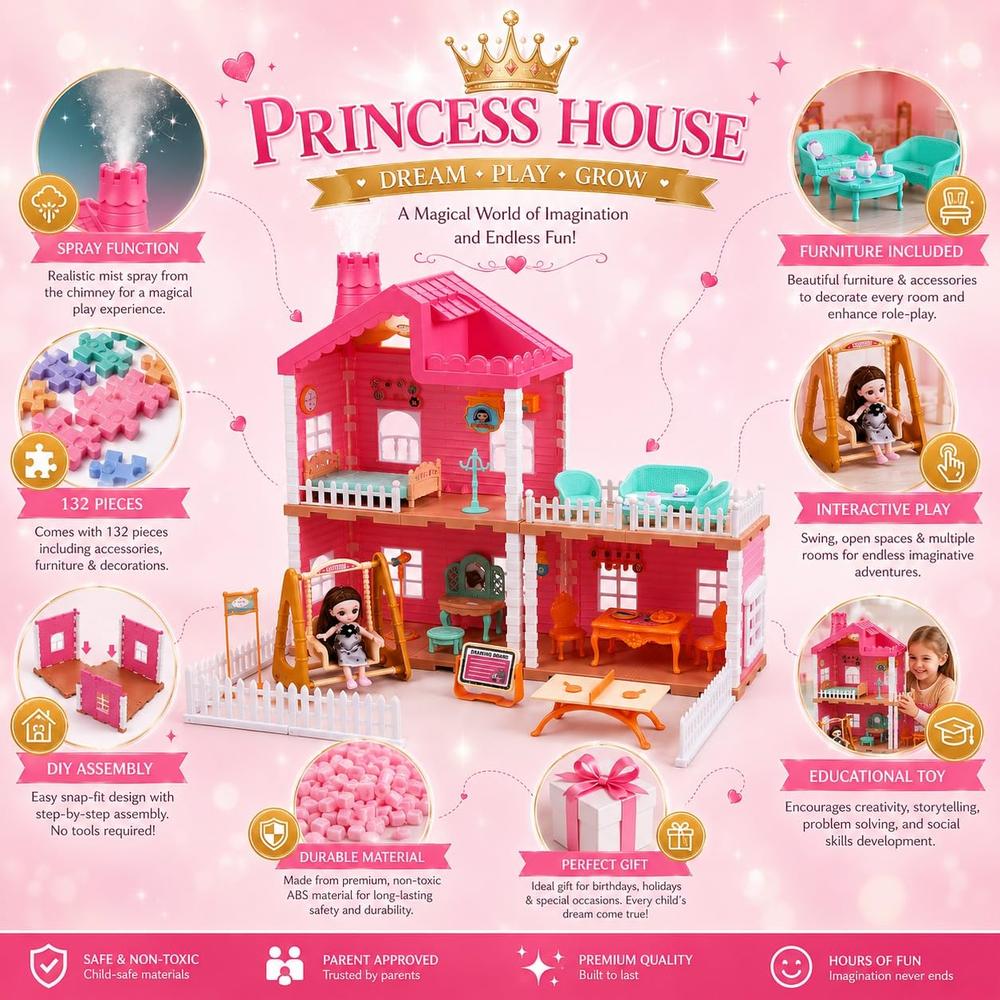 Manku Quiet Cottage Princess Dollhouse with Water Mist Spray Chimney & Light | DIY Pretend Play Set | 132-Pieces