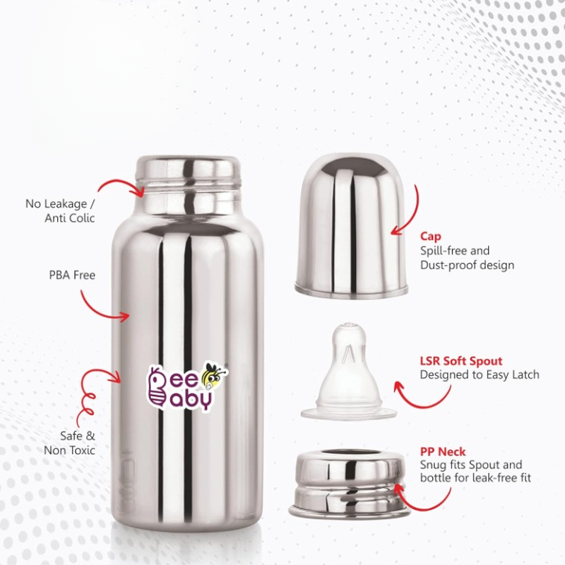 2 in 1 Ultimate Stainless Steel Infant Feeding Bottle for Newborn with Anti Colic Nipple & Silicone Sippy Spout (250 ML)