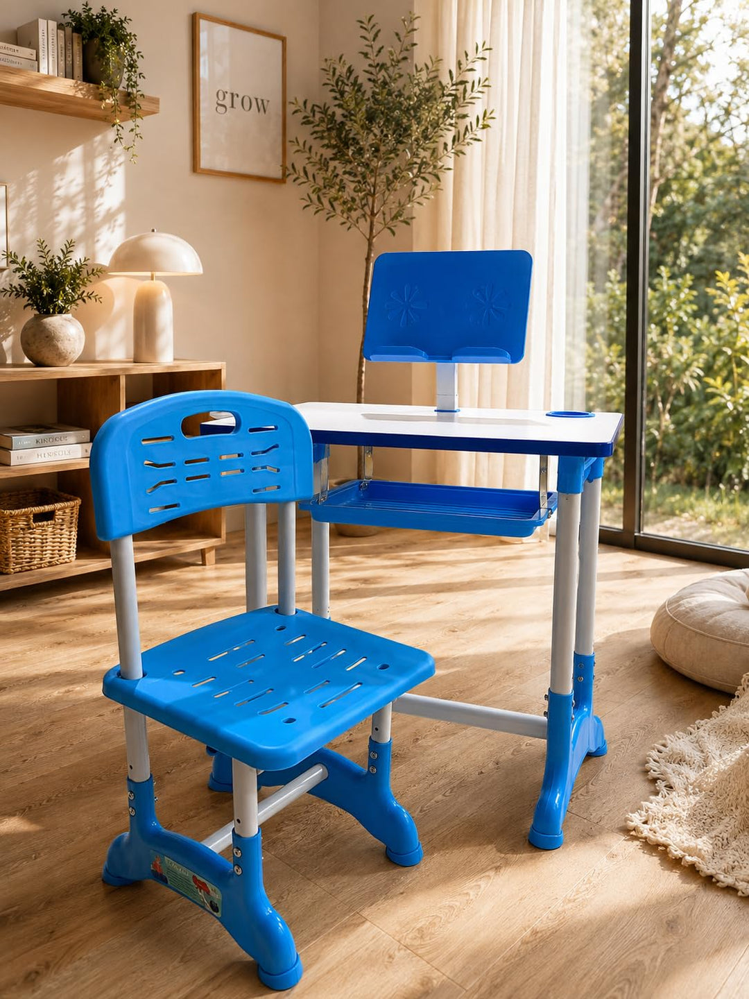 Kids Study Table & Chair Set | Adjustable Height Study Desk with Storage Shelf | Ergonomic Writing Table for Children