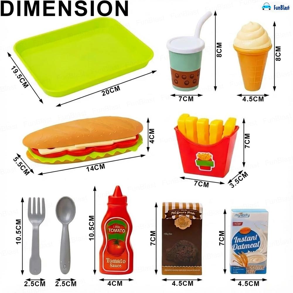 FunBlast Fast Food Play Set for Kids | Pretend Play Food Toys with Snacks, Tray, Accessories & Carry Box  (11 Pieces)