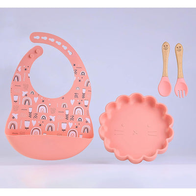 Simba Feeding Set – The Lion Cub Silicon Grip Plate with Themed Silicon Bib and Trainer Fork & Spoon Set - Pink