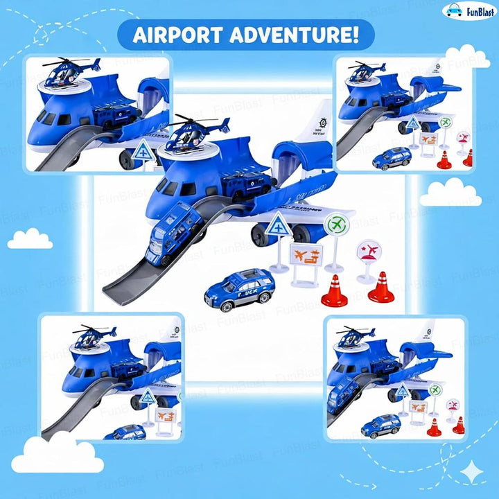 FunBlast Fire Rescue Airplane Toy Play Set | Aircraft with Fire Vehicles, Helicopter & Road Accessories | Firefighter Playset for Kids (Red)