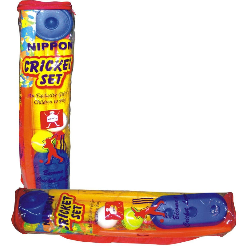 Nippon Cricket Plastic Set with Bag (1 Bat, 1 Ball, 4 Wickets, 1 Big base, 1 Small base & 2 Bails) - Senior | 8-10 Years