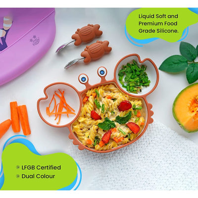 Cute Crab Silicon Weaning Set | Suction Plate for Baby | Easy Grip Handle Spoon & Fork | Adjustable Printed Bib | Brown (Combo)