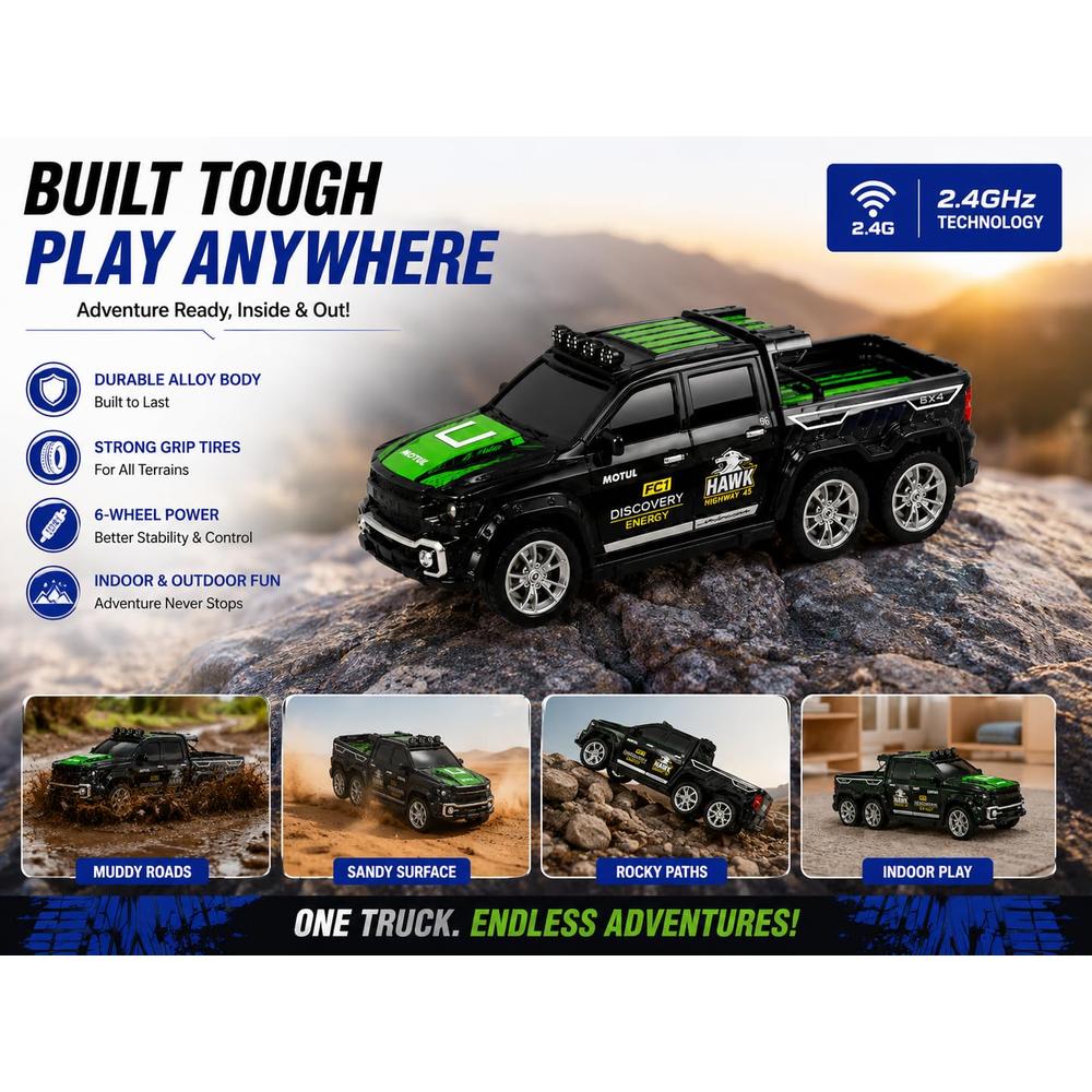 6-Wheel Off-Road Remote Control Mini Pickup Diecast Truck | 1:64 Scale